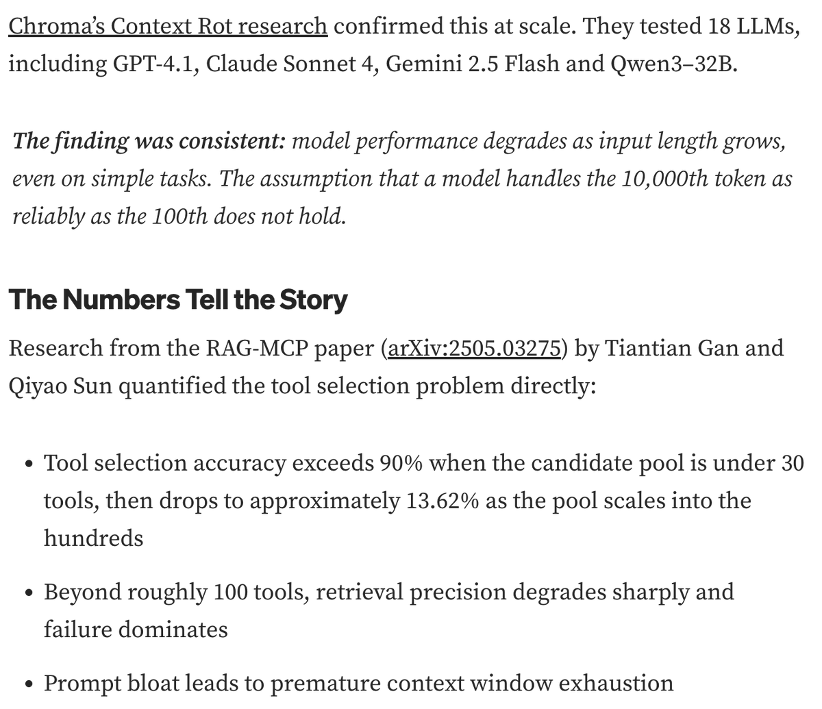 Tool-selection accuracy drops as agents face larger toolsets, illustrating the context cost of capability bloat