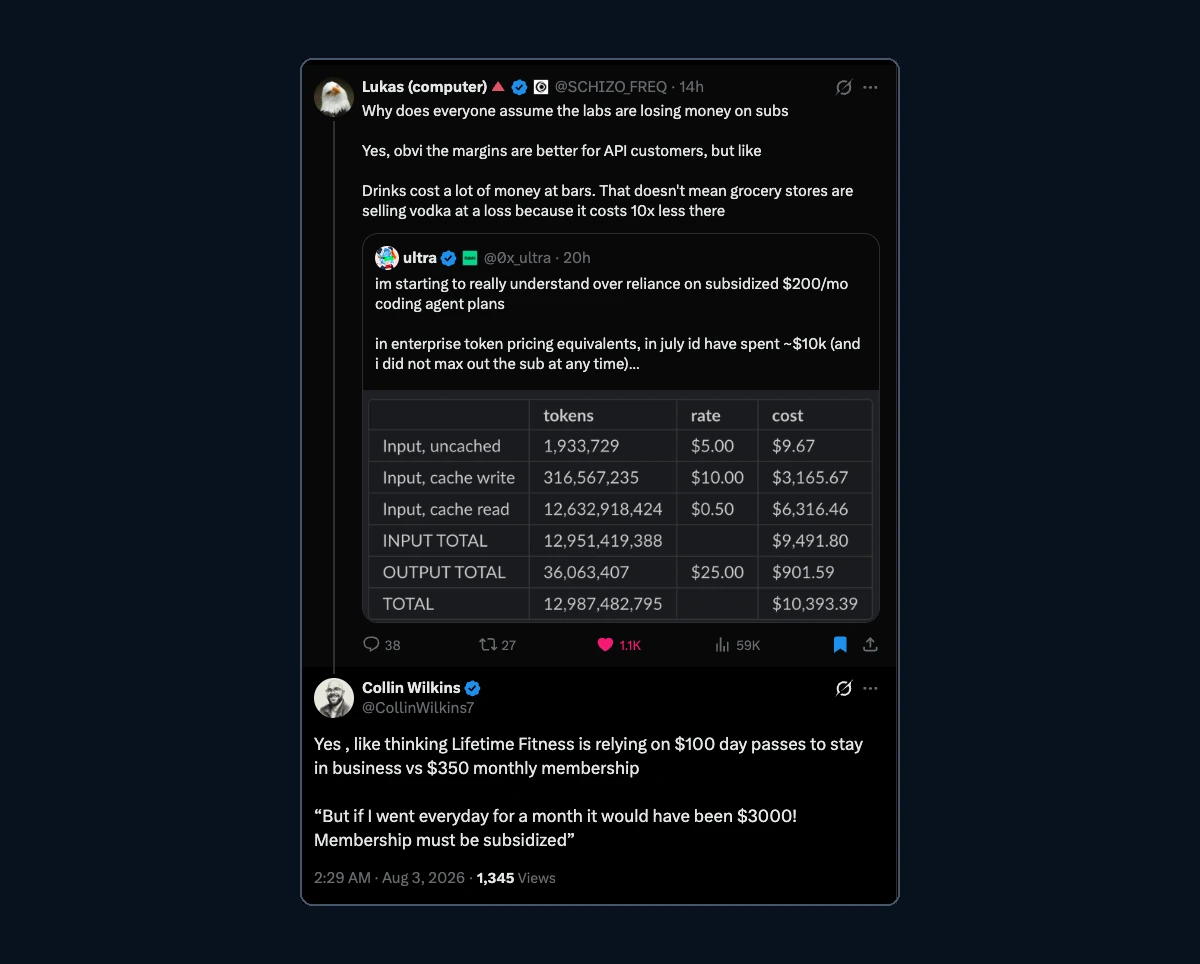 A social post using premium-gym day passes and memberships as an analogy for API and subscription pricing.
