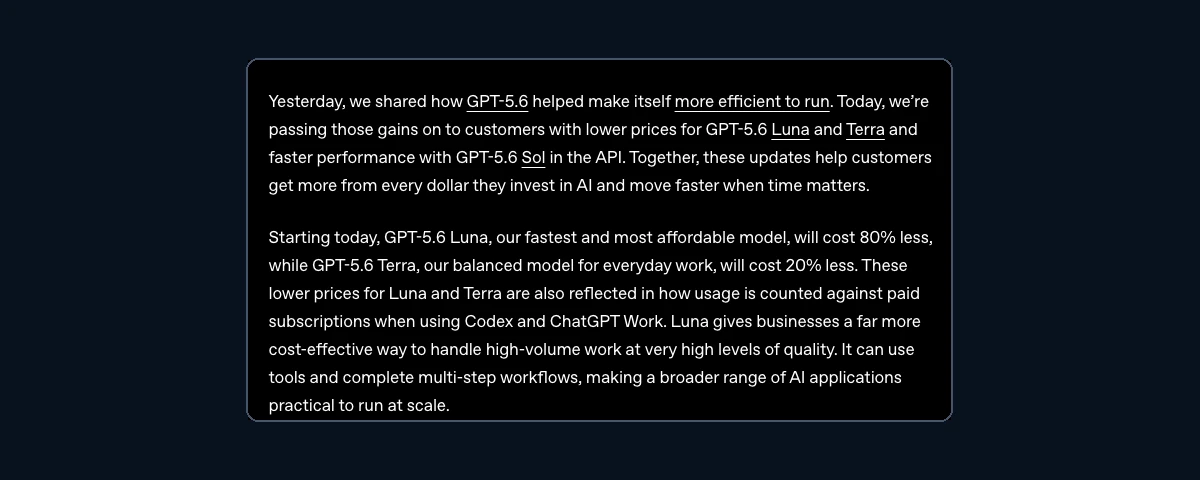 OpenAI announcement explaining lower Luna and Terra prices after GPT-5.6 efficiency improvements.