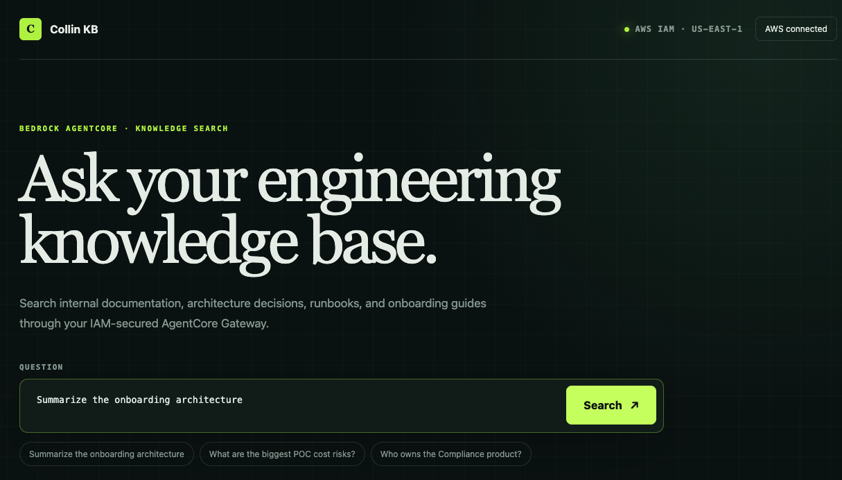 Custom Collin KB client connected to AWS IAM and AgentCore with an engineering knowledge-base query ready to run.