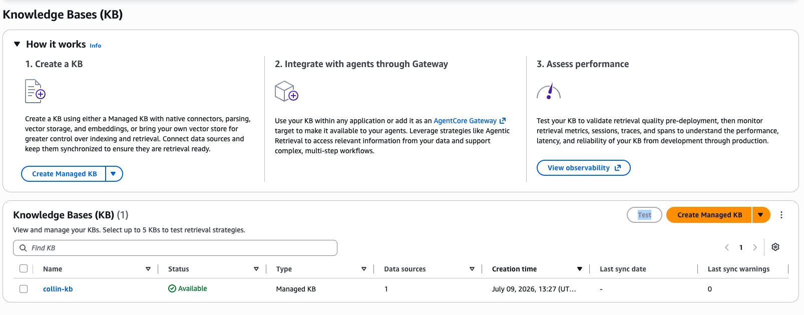 Amazon Bedrock Knowledge Bases console showing the create, Gateway integration, and performance-assessment workflow alongside the available collin-kb managed knowledge base.
