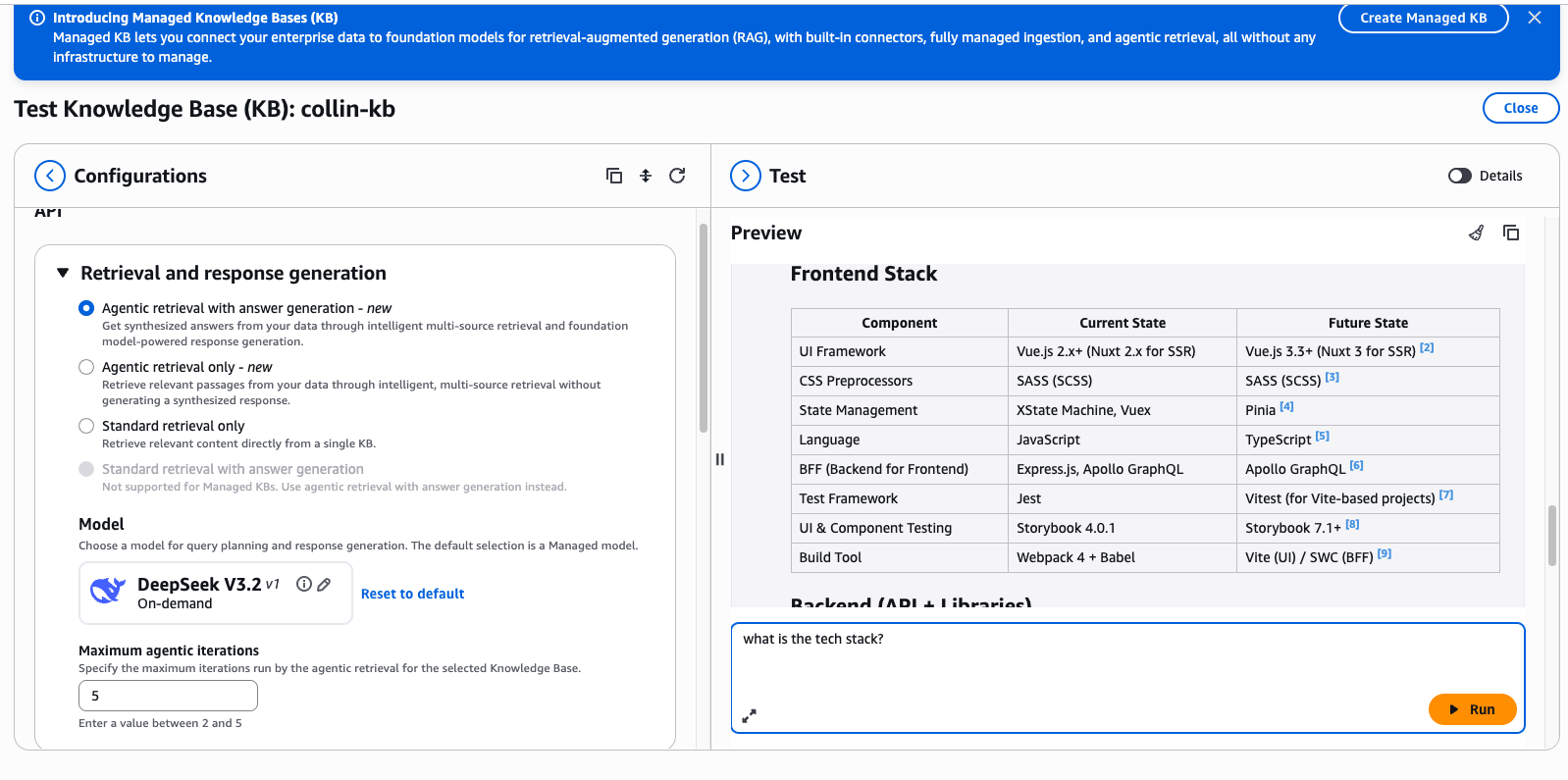 Amazon Bedrock test interface for collin-kb showing retrieval modes, a selected response-generation model, and a test question.