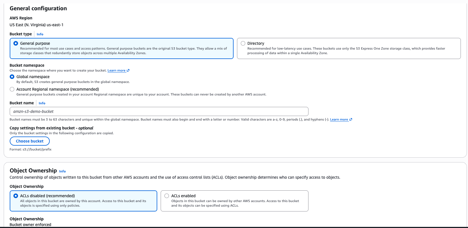 Amazon S3 bucket configuration showing a general-purpose bucket, global namespace, us-east-1, and ACLs disabled.