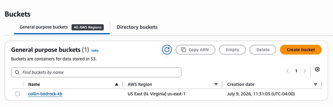 Amazon S3 console showing the private collin-bedrock-kb bucket in us-east-1.