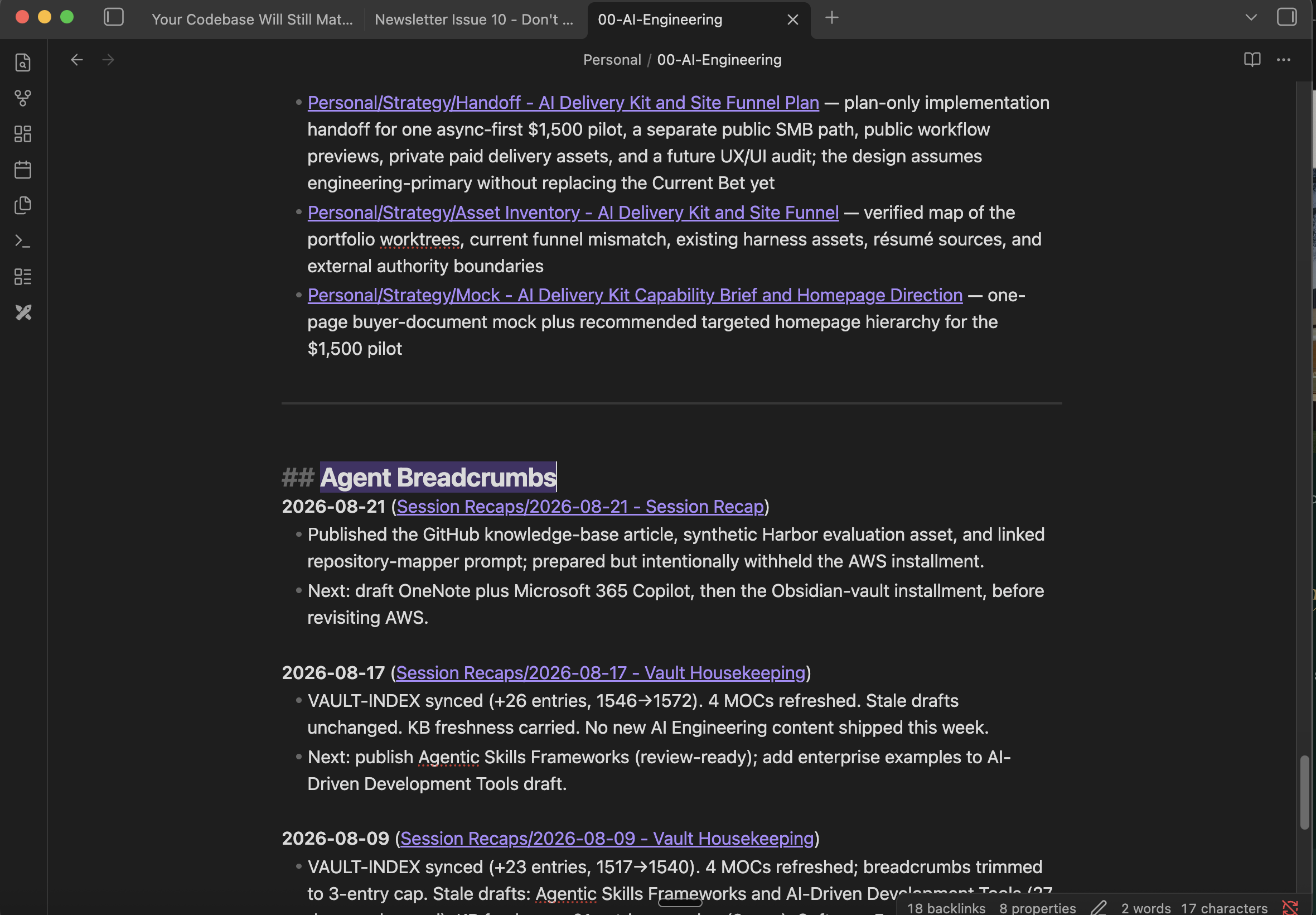 An Obsidian Map of Content showing three dated agent breadcrumbs linked to session recaps, including the work that started this knowledge-base series.