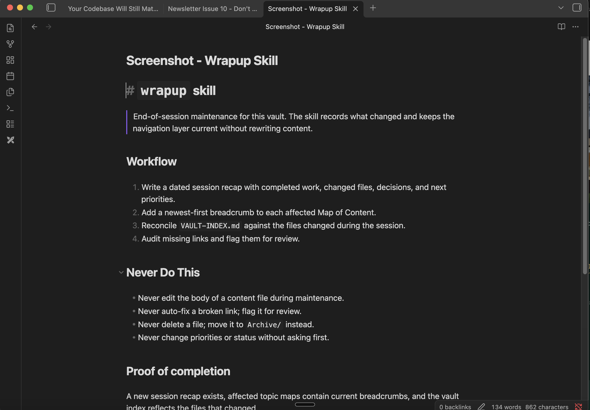 The wrapup skill rendered in Obsidian with its four-step maintenance workflow, explicit prohibitions, and proof-of-completion requirement.