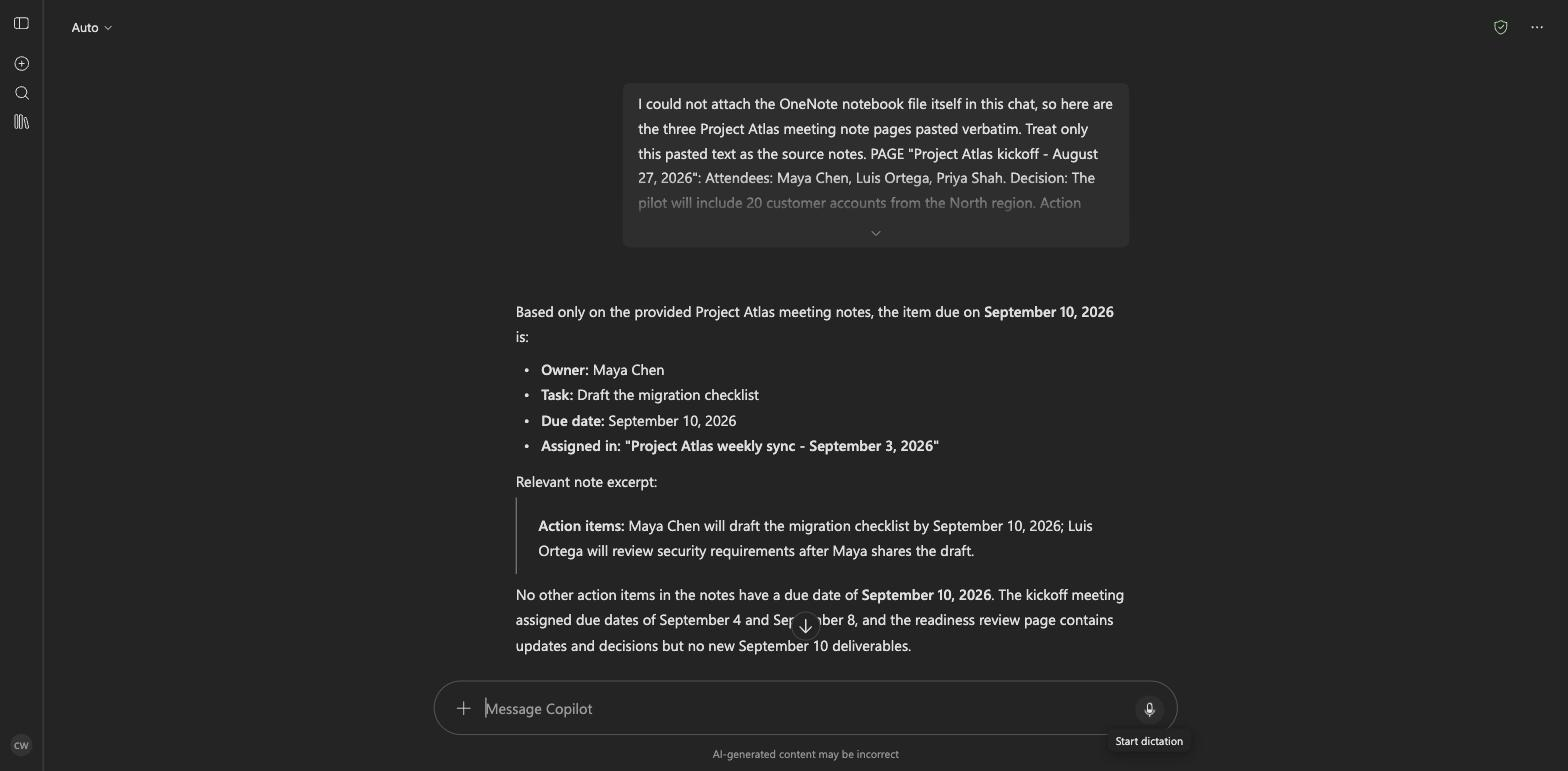Microsoft 365 Copilot Chat answers that Maya Chen must draft the migration checklist by September 10 and identifies the September 3 meeting notes.