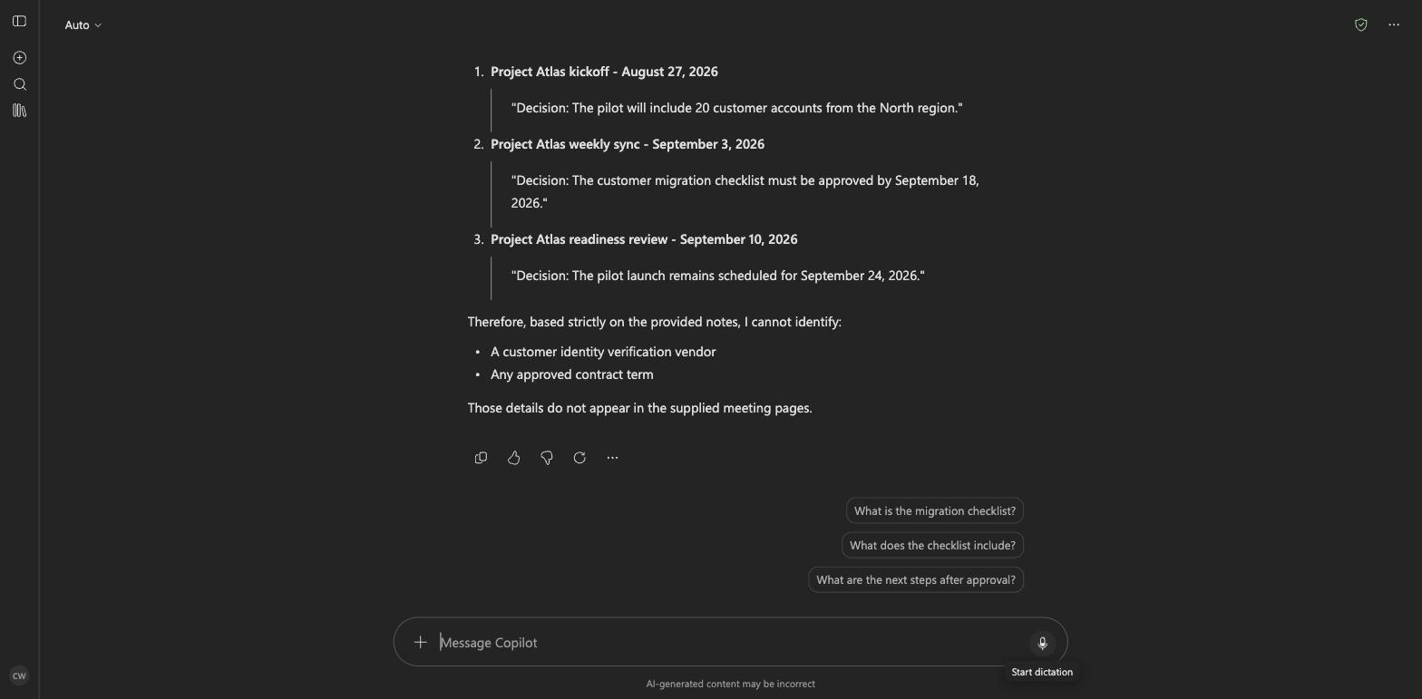 Microsoft 365 Copilot Chat states that the supplied Project Atlas meeting notes do not document an identity-verification vendor or contract term.