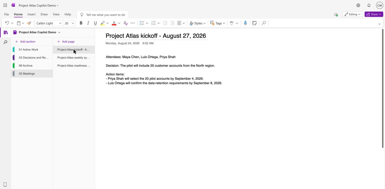 A OneNote notebook with Active Work, Meetings, Decisions and Reference, and Archive sections; Meetings contains three dated Project Atlas pages.