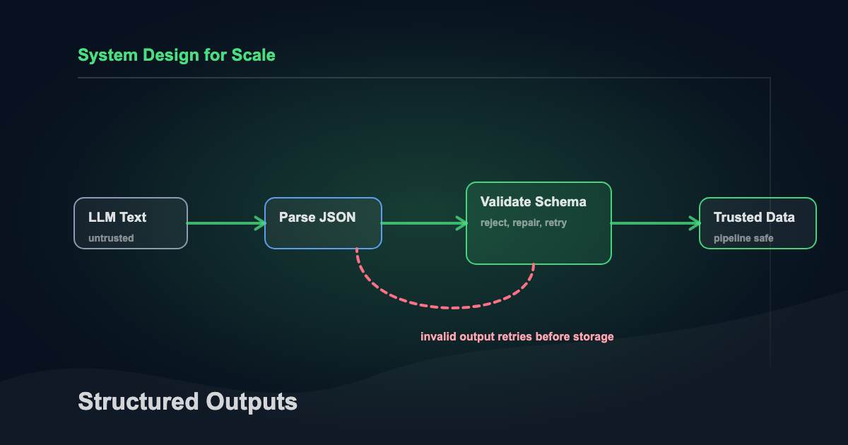Validated structured output path turning language model responses into reliable pipeline data.