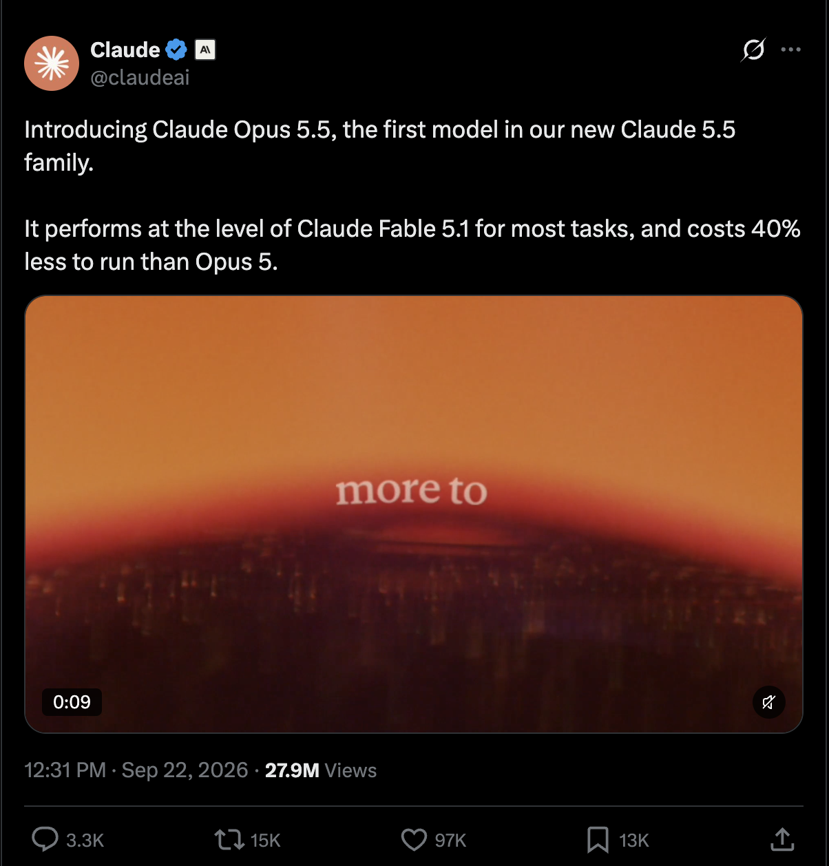 Claude (@claudeai) on X, Sep 22, 2026: "Introducing Claude Opus 5.5, the first model in our new Claude 5.5 family. It performs at the level of Claude Fable 5.1 for most tasks, and costs 40% less to run than Opus 5."