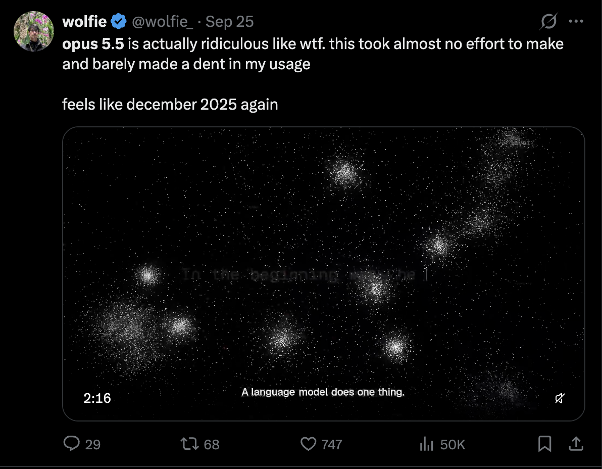 wolfie (@wolfie_) on X, Sep 25, 2026: "opus 5.5 is actually ridiculous like wtf. this took almost no effort to make and barely made a dent in my usage. feels like december 2025 again," with a video demo